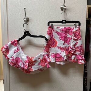 Pink and White Paisley Ruffle Top and Skirt Set SHEIN